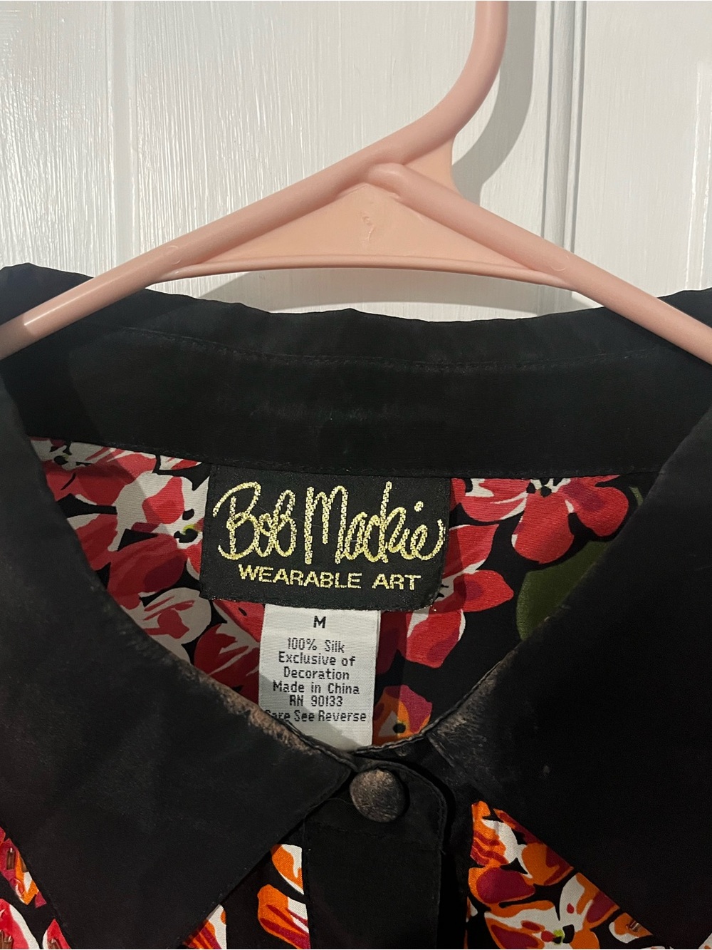 Bob Mackie Black Collared Silk Button-Down with Red Floral Print